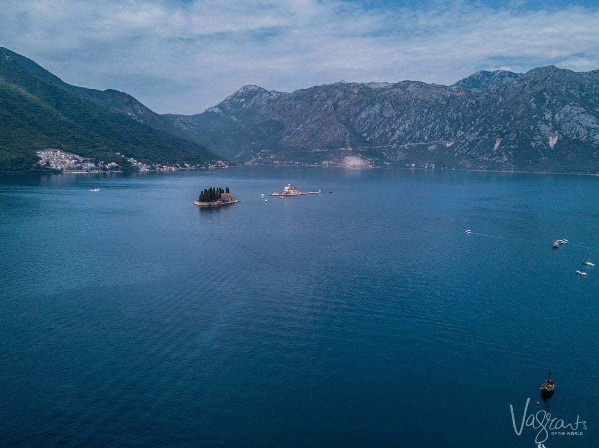 Aerial view of the Lady of the Rocks islands in the middle of the Bay of Kotor Montenegro.